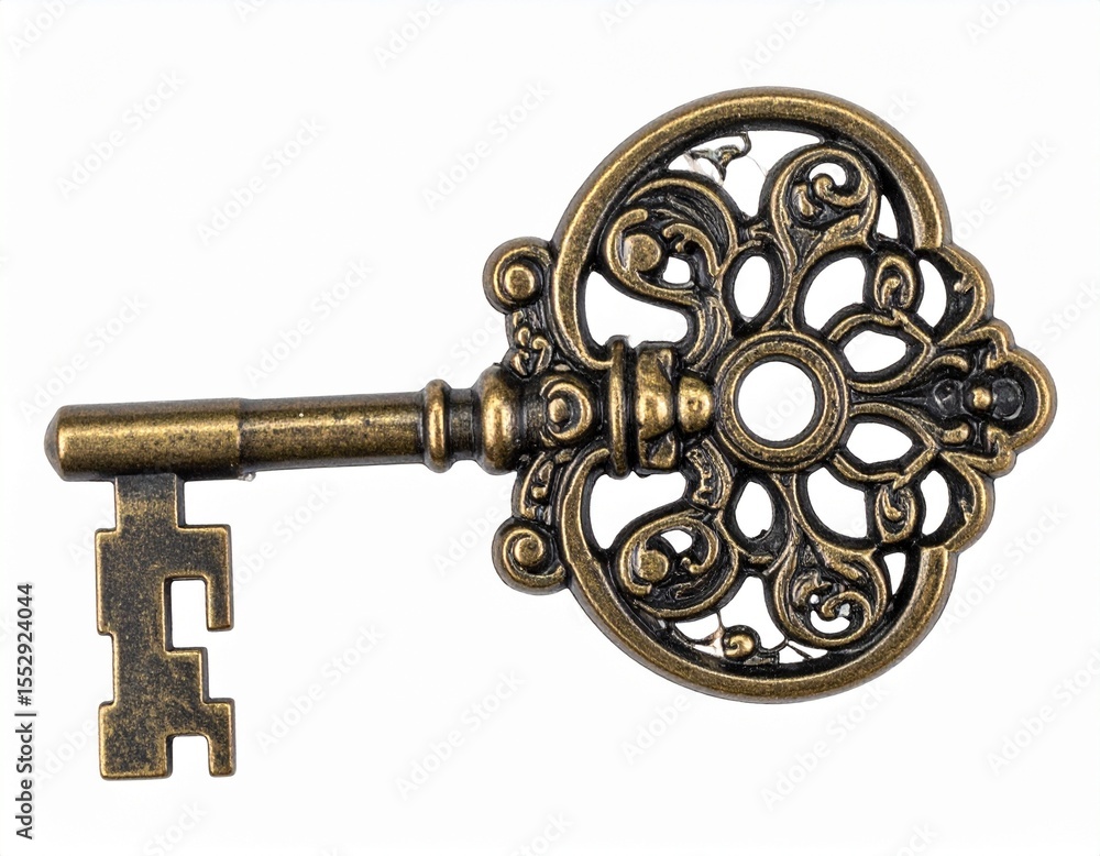 Fototapeta premium Vintage skeleton key with ornate decorative head in antique bronze finish, isolated on transparent background. 
