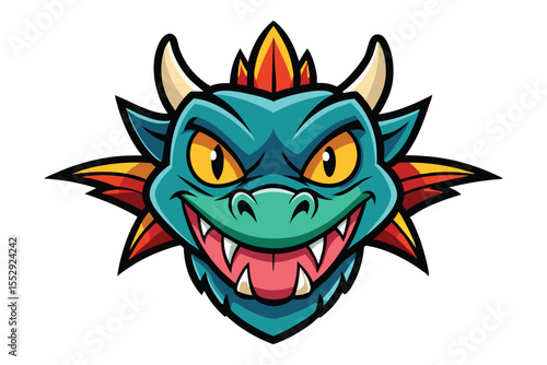 A cartoon blue dragon face shows a toothy grin with golden horns