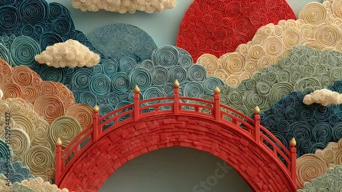 Stylized Asian Landscape with Red Bridge and Paper Art Sunset, artistic backdrop
