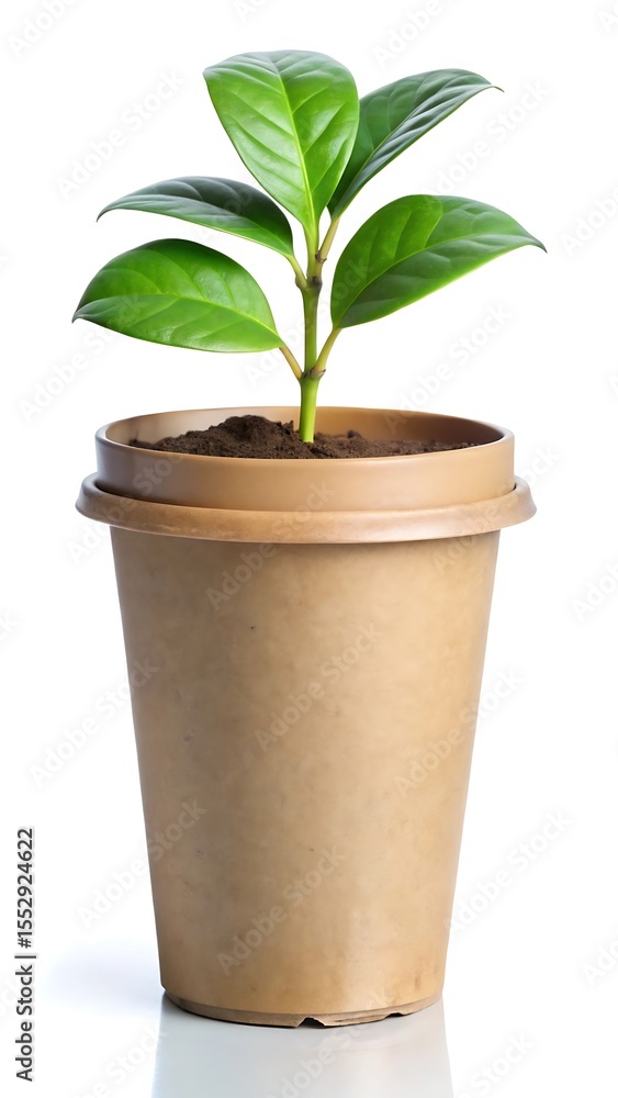 Young green plant growing in a recycled paper coffee cup Young green plant growing in a recycled paper coffee cup