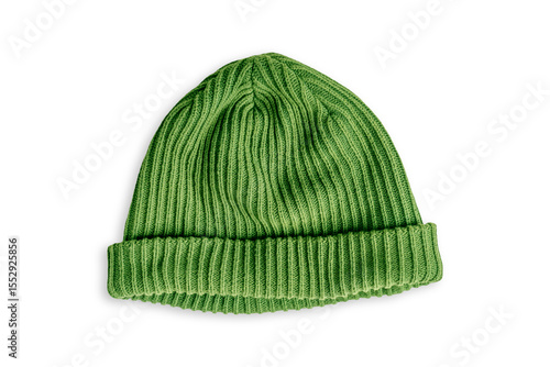 Top view of single green ribbed knit beanie warm casual hat made of soft wool fiber textile material isolated on white background used as autumn and winter cozy comfortable accessory knitwear