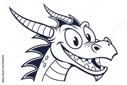 Cartoon dragon is smiling with its big teeth and long sharp horns