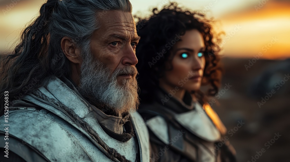 A stunning portrayal of two heroic figures in futuristic armor, set against a dramatic sunset landscape, symbolizing resilience and the fight against overwhelming odds. A stunning portrayal of two heroic figures in futuristic armor, set against a dramatic sunset landscape, symbolizing resilience and the fight against overwhelming odds.