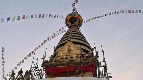 Swayambhunath stupa under repair in Kathmandu, Nepal. This stupa is one of the scared ancient Buddhist pilgrimages in Nepal.