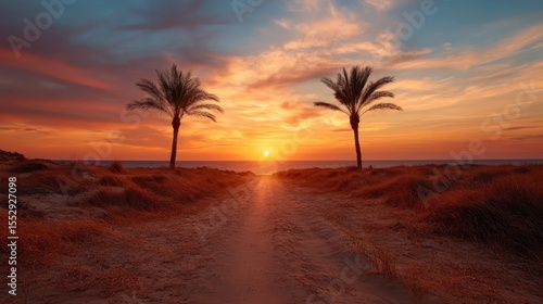 A breathtaking sunset over a tranquil beach with silhouetted palm trees creates an idyllic scene, capturing nature's beauty and serenity at the close of the day.