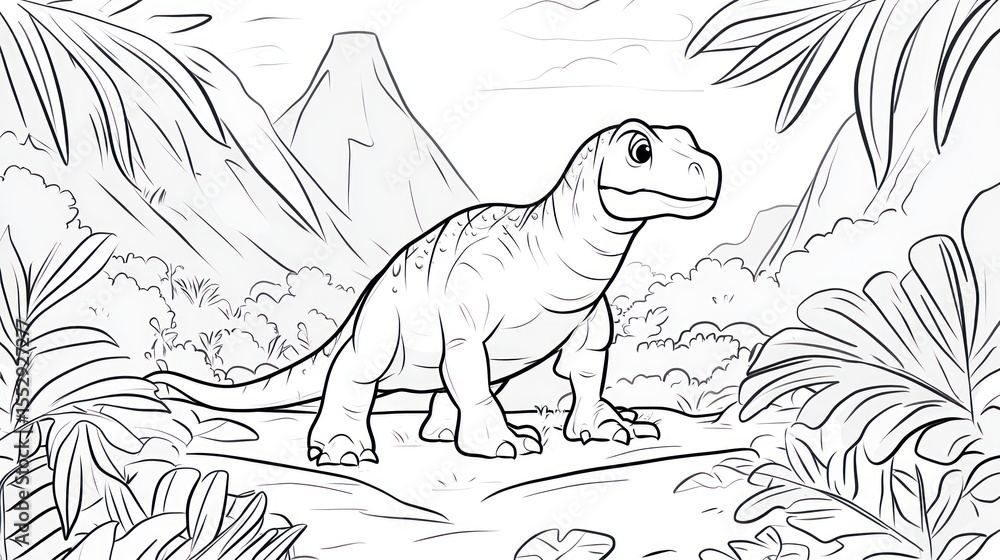 Fototapeta premium Prehistoric creature, jungle setting, coloring page