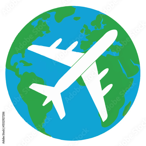 Airplane icon on a globe. Symbol of international travel, global flights, and tourism.