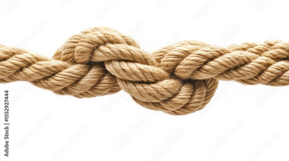 Two intertwined rope knots, light beige, thick, textured, against a stark white background Two intertwined rope knots, light beige, thick, textured, against a stark white background