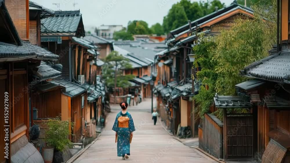 Rear view of traditional Geisha woman in Kimono walking in the middle of old Japan street Rear view of traditional Geisha woman in Kimono walking in the middle of old Japan street