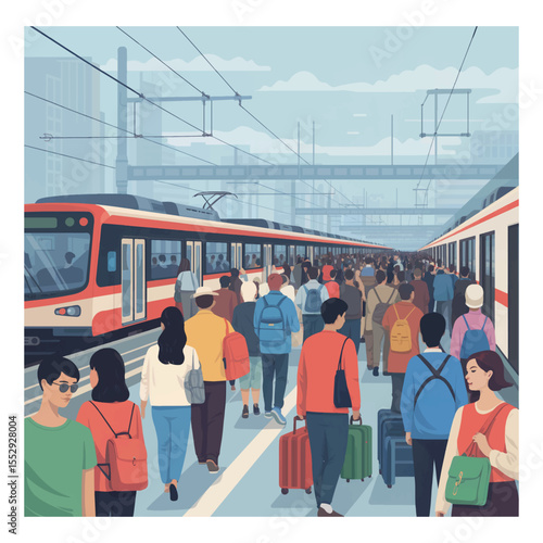 Crowd of people at a busy train station platform. Public transportation and commuter vector illustration.