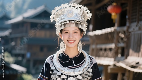 A smiling Miao girl in traditional ethnic attire, Guizhou, China.	