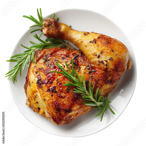A delicious roasted chicken quarter garnished with rosemary on a pristine white plate, ready to eat. The chicken skin has a crispy texture and golden-brown color. 
