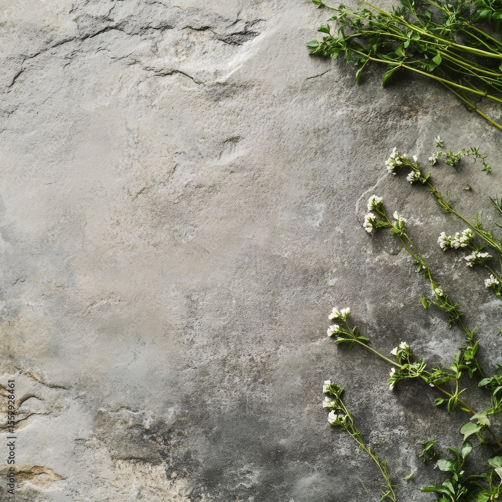 Naklejka premium Fresh Green Herbs on Rustic Stone Surface with Natural Light