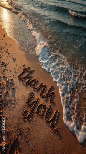 Thank you written in sand at sunset near gentle ocean waves