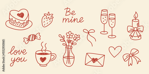 Set of hand-painted elements of a romantic coquette in the style of a doodle for Valentine's day, a heart-shaped cake, strawberries, a tea cup, a love letter, a candle with bows, champagne glasses.