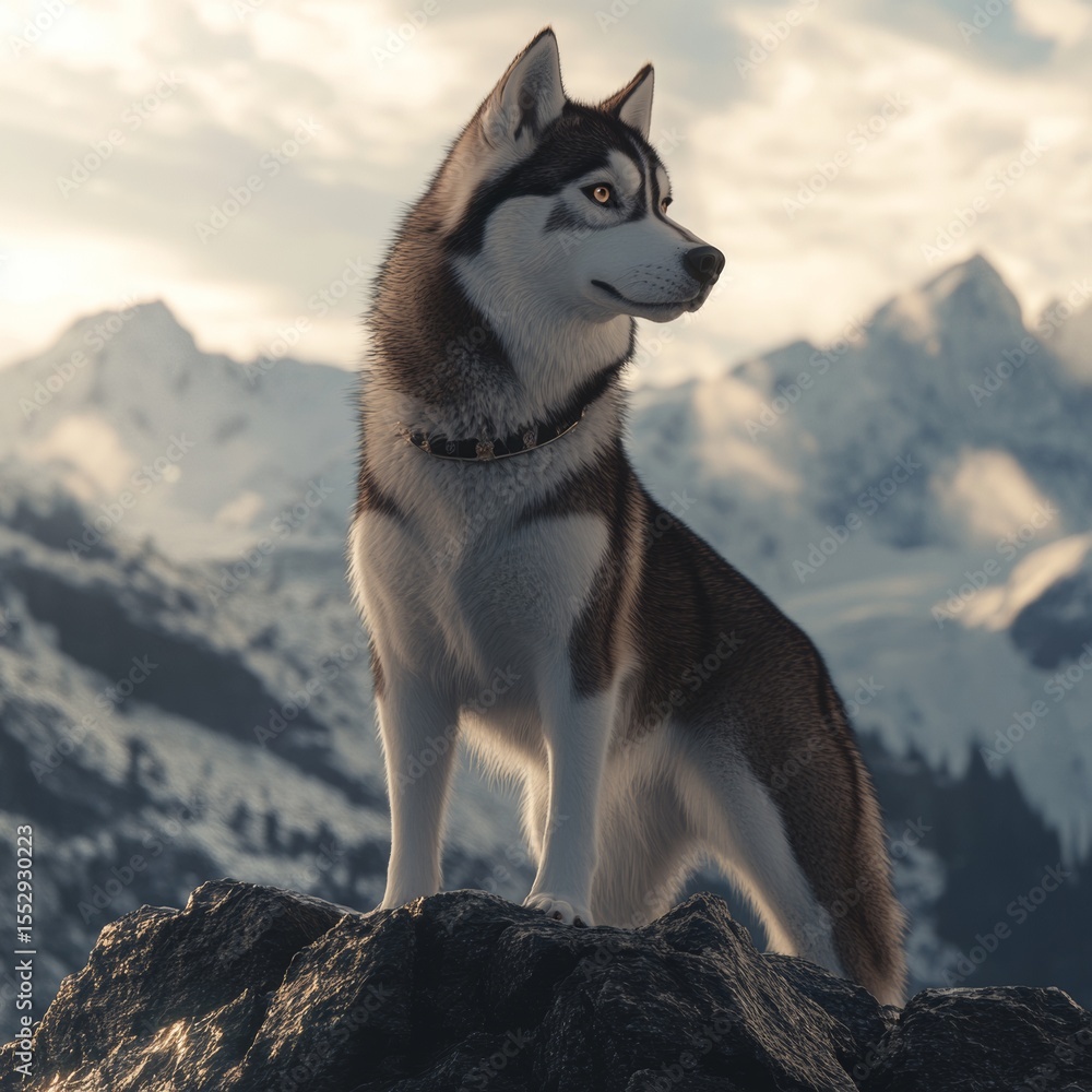 Naklejka premium Majestic Siberian Husky Posing in Scenic Mountainous Landscape