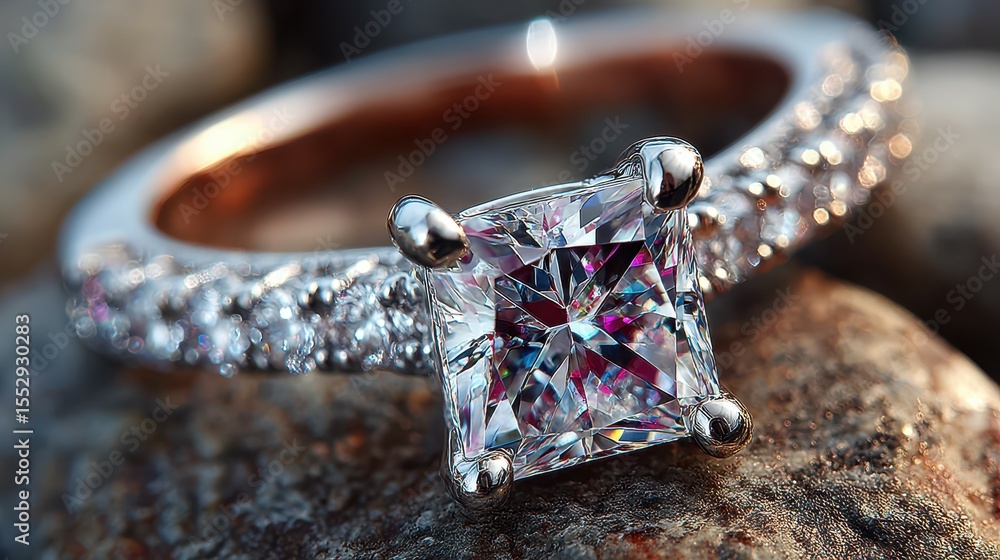 Elegant diamond ring displayed on textured stone background during soft natural lighting Elegant diamond ring displayed on textured stone background during soft natural lighting