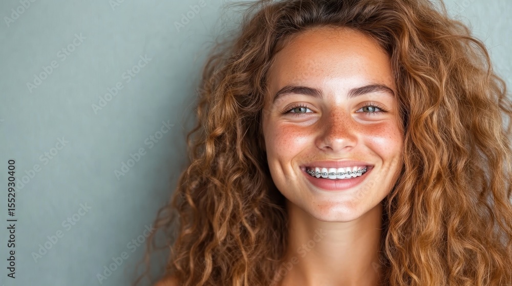 Naklejka premium A happy girl with curly hair and braces radiates joy and confidence, showcasing her vibrant personality and the beauty of youthful expressions in a soft, neutral setting.