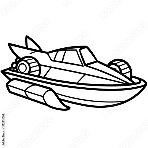 Outlined Futuristic Boat with Turbines and Pontoon Floats for Coloring Book