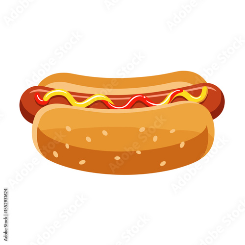 Hot dog in a bun topped with mustard and ketchup in bold red, yellow, and brown colors