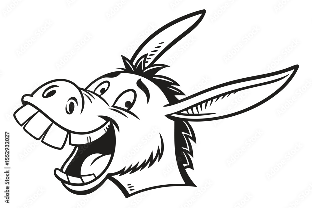 A monochrome cartoon donkey with a wide smile showcases its comical teeth happily A monochrome cartoon donkey with a wide smile showcases its comical teeth happily