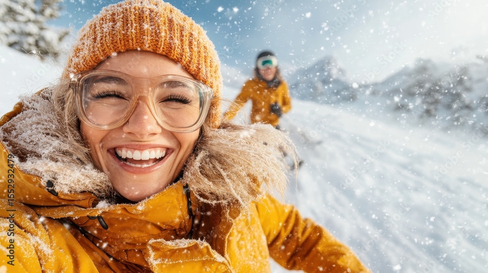 Fototapeta premium A joyful woman smiling broadly as she enjoys the wintry outdoors, capturing the essence of winter fun and adventure, radiating happiness and excitement with snowflakes around her.