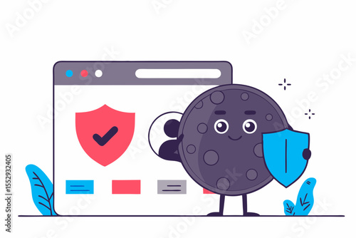 Cookie mascot with internet pop-up for cookie policy notification. Data privacy and personal information protection concept vector illustration