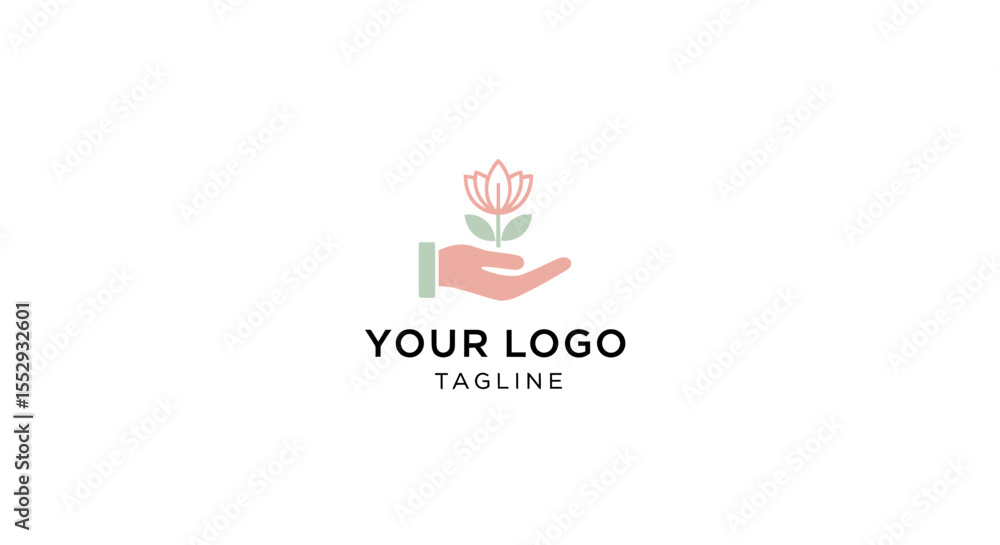 Minimalist logo design featuring a hand holding a delicate flower symbolizing care and growth Minimalist logo design featuring a hand holding a delicate flower symbolizing care and growth