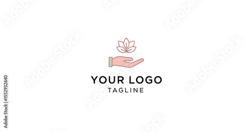 Minimalist logo design featuring a hand holding a blooming flower with space for your brand name and tagline