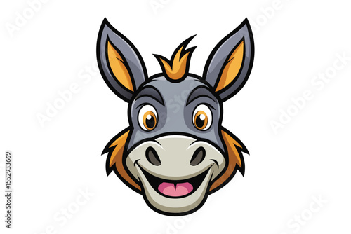 A playful gray donkey mascot smiles brightly with golden hair and wide eyes