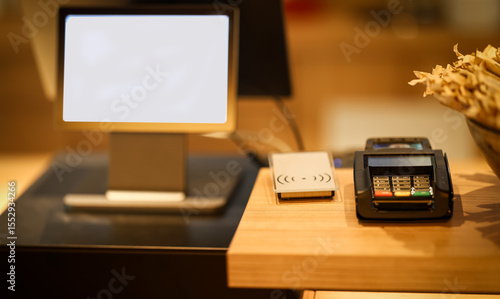 Fotografie Modern point-of-sale system with contactless payment terminal, RFID access scann