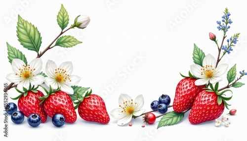Delicate watercolor wild strawberries, blossoms & berries , sweet, romantic