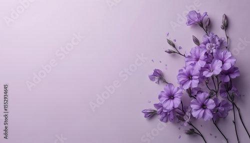 Minimalist photo featuring petunias flowers against soft purple background. Delicate violet blooms create serene scene, with space for text. Ideal for art, design, wedding cards, greeting cards