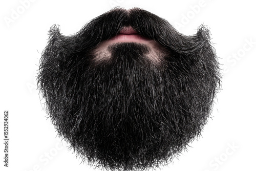 Realistic full black beard and moustache with lips, detailed hair, facial hair, grooming, style, fashion, man, male, isolated on transparent background