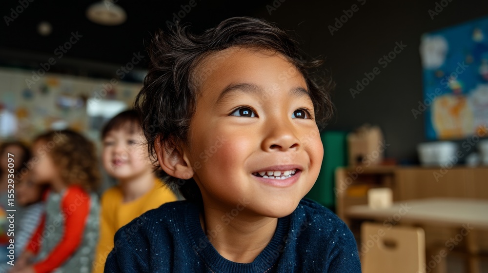 The image shows a child with big eyes smiling at the camera in front of a classroom setting with other children visible in the background. The image shows a child with big eyes smiling at the camera in front of a classroom setting with other children visible in the background.