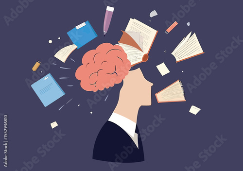 Businessman profile with open head brain releasing flying books papers erasing knowledge memory for learning concept flat vector illustration