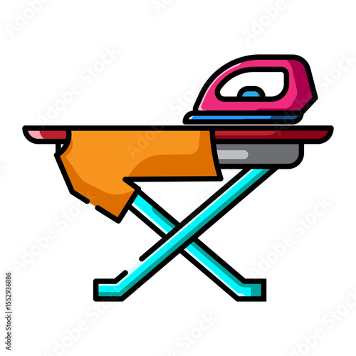 Made in UK Laundry day essentials iron resting on a crisp ironing board vector icon.