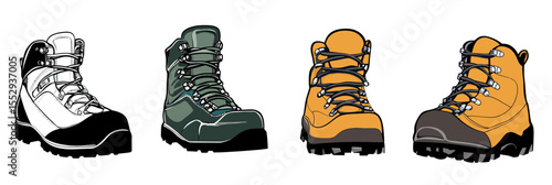 Set of four hiking boots in flat minimalist vector style with various colors and rugged soles for outdoor trekking and adventure footwear design elements