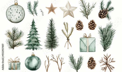Watercolor Christmas decorations collection with pine branches, pine cones, stars, fir trees, gift boxes and holiday ornaments in minimalist style vector set