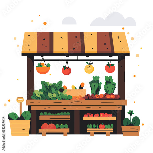 Colorful fresh vegetable market stall with tomatoes carrots leafy greens and potted plants in flat minimalist vector style outdoor farm produce stand