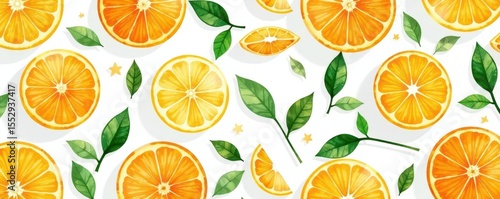 Watercolor orange slices & leaves seamless pattern , ripe, vintage