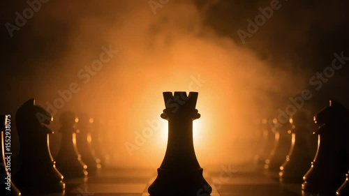 A dramatic chess scene featuring a rook illuminated by fog and shadows, creating a tense atmosphere