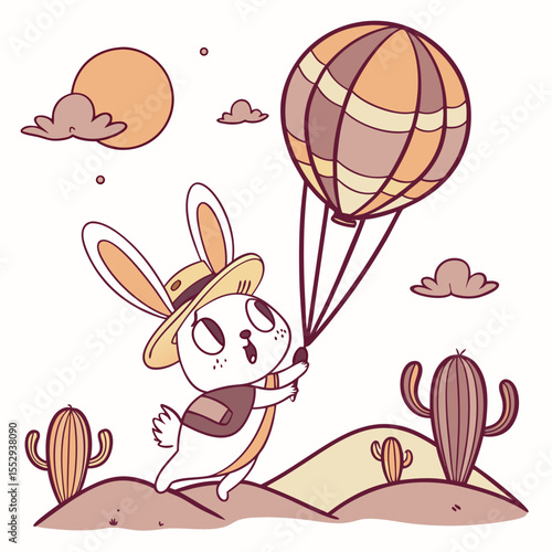 Whimsical Bunny feeling Surprised in a Desert sunset setting with floating with balloons – colored in Sundown Glow