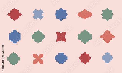 Mosaic oriental style simple geometric ceramic tile shapes. Cute eastern lantern, window silhouette logo templates. Vector floral patterns