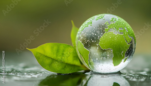 Concept of World Water Day. Transparent glass globe with continents in raindrops. Green leaf protects from rain. Eco-friendly background. Environmental protection and ecology concept