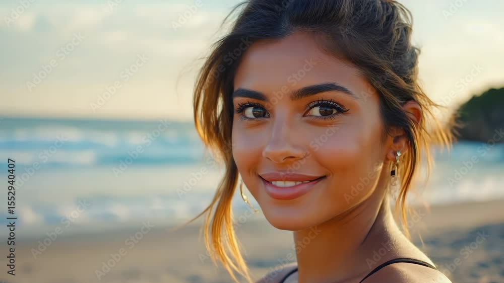 Woman smiling at the beach at sunset. Her hair is tied back, and she's wearing minimal makeup. Her expression is one of gentle happiness and serenity Woman smiling at the beach at sunset. Her hair is tied back, and she's wearing minimal makeup. Her expression is one of gentle happiness and serenity