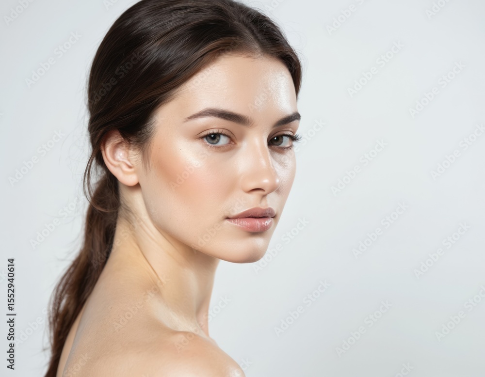 Beauty model face profile. Brunette woman with healthy smooth facial skin. Side view portrait with full lips, natural make-up. Female plastic surgery cosmetology, face lifting massage. Beauty model face profile. Brunette woman with healthy smooth facial skin. Side view portrait with full lips, natural make-up. Female plastic surgery cosmetology, face lifting massage.