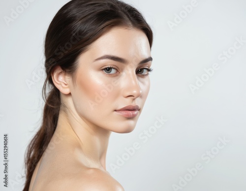 Beauty model face profile. Brunette woman with healthy smooth facial skin. Side view portrait with full lips, natural make-up. Female plastic surgery cosmetology, face lifting massage.