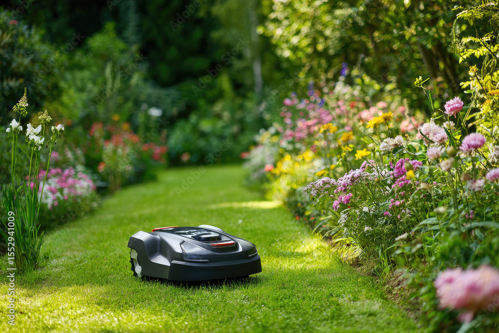 Mowing the grass with a lawn mower. Garden work concept background Mowing the grass with a lawn mower. Garden work concept background