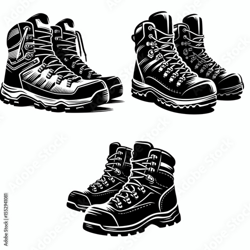 Hiking boots. Sports Game Athlete Fitness Exercise Equipment Clipart Line Art Vector Illustration. Outdoor footwear for terrain trek strong shoe mount ascent.